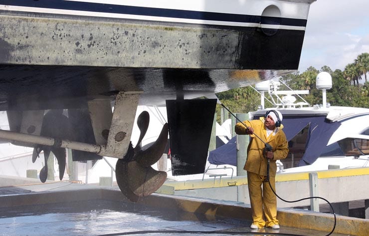 Brunswick Landing Boat Yard service team working on a vessel