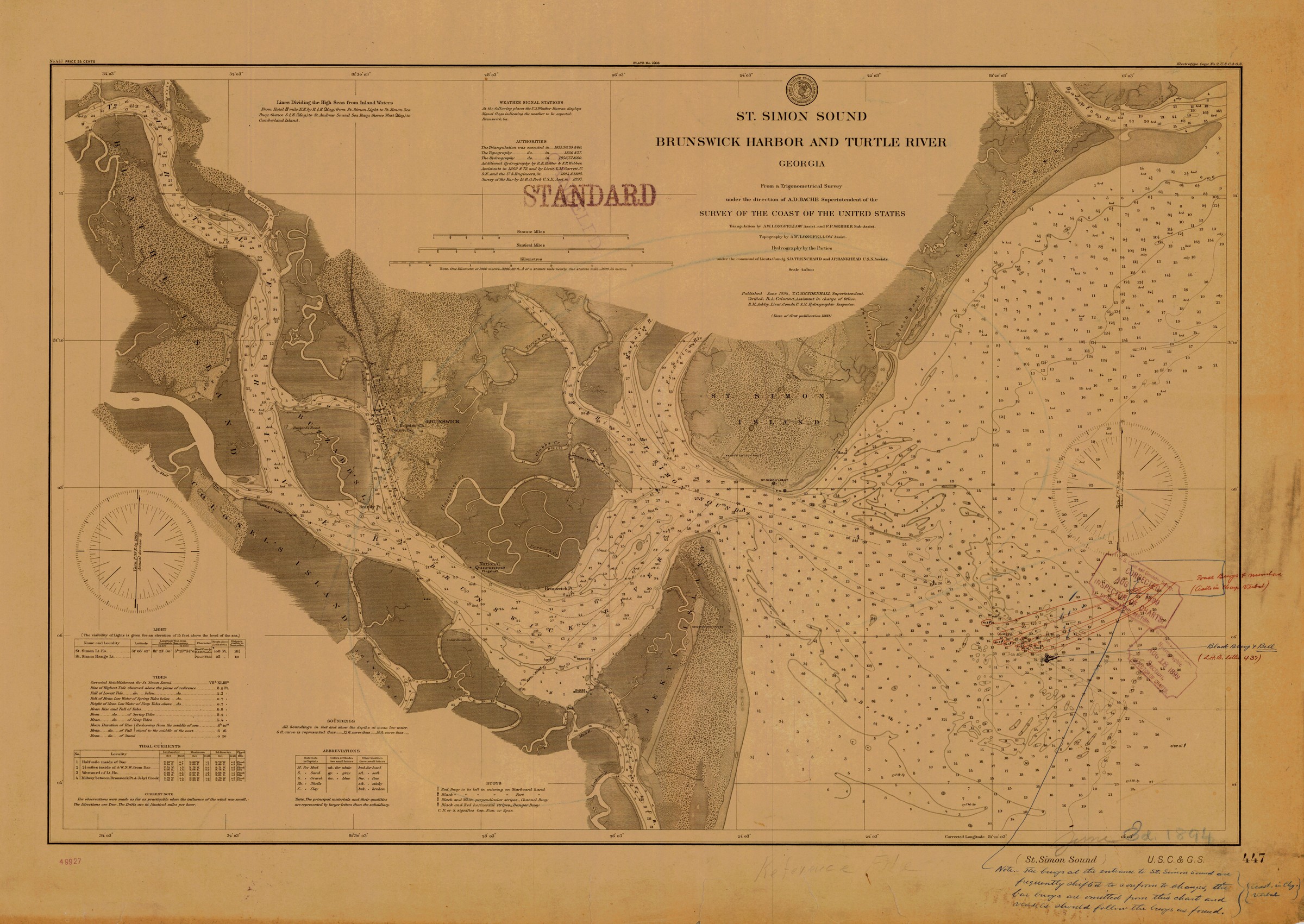 1894 United States Coast and Geodetic Survey chart of St. Simon Sound, Brunswick Harbor and Turtle River, showing Brunswick, Academy Creek and surrounding waterways