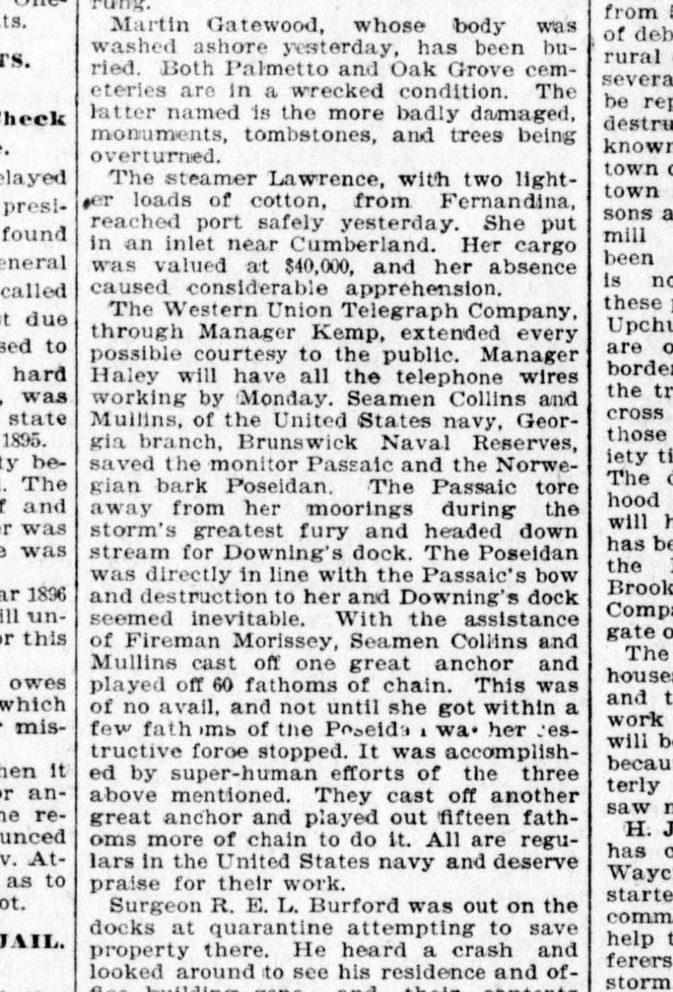 Cropped October 3, 1896 Morning News newspaper excerpt describing USS Passaic during the Brunswick hurricane