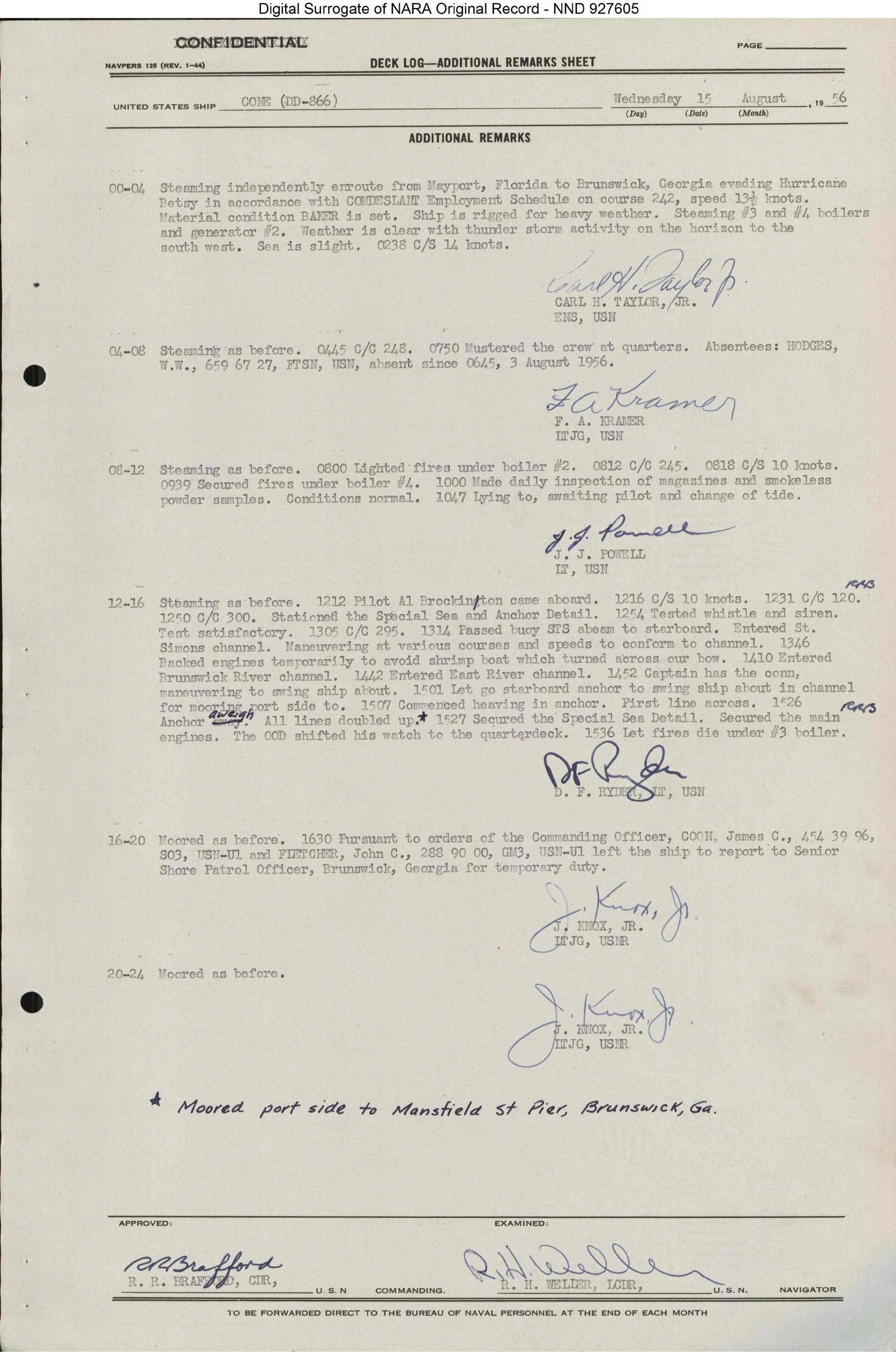 USS Cone deck log page dated August 15, 1956, recording the ship steaming to Brunswick while evading Hurricane Betsy and entering Brunswick channels