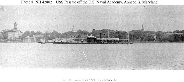 Historic black-and-white photograph of the monitor USS Passaic off the United States Naval Academy around 1887