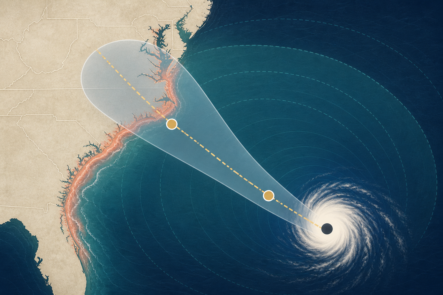 Illustrated hurricane approaching the Southeast coast, with a dashed center track inside a forecast cone and a much wider wind and hazard field extending beyond the cone