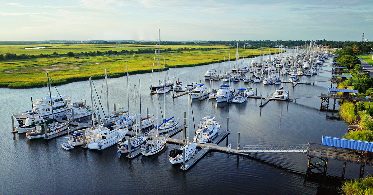 Aerial view of Brunswick Landing Marina and the Georgia coast