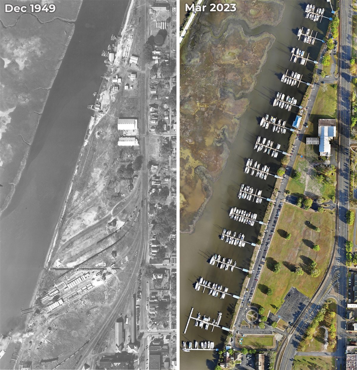 Side-by-side aerial comparison of the Brunswick waterfront in December 1949 and Brunswick Landing Marina in March 2023